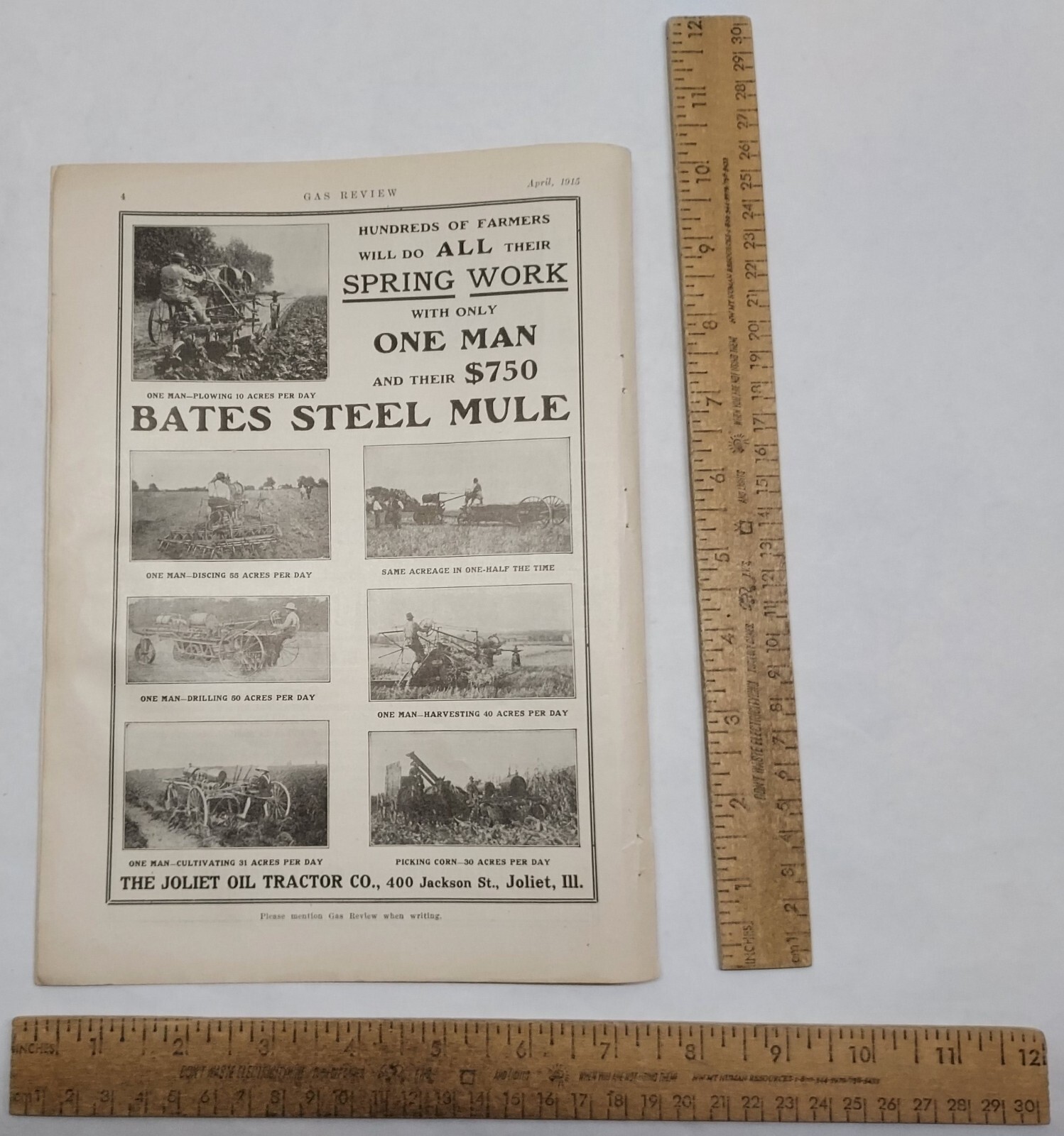 1915 – BATES STEEL MULE – THE JOLIET OIL TRACTOR CO – magazine ad -listing #5822