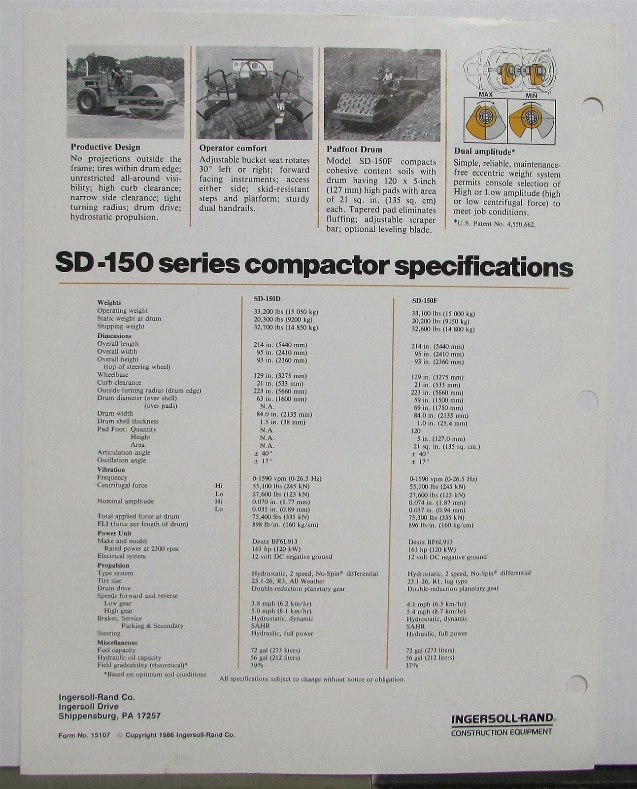 1986 Ingersoll Rand SD 150D/150F Soil Compactors Specs Construction Brochure
