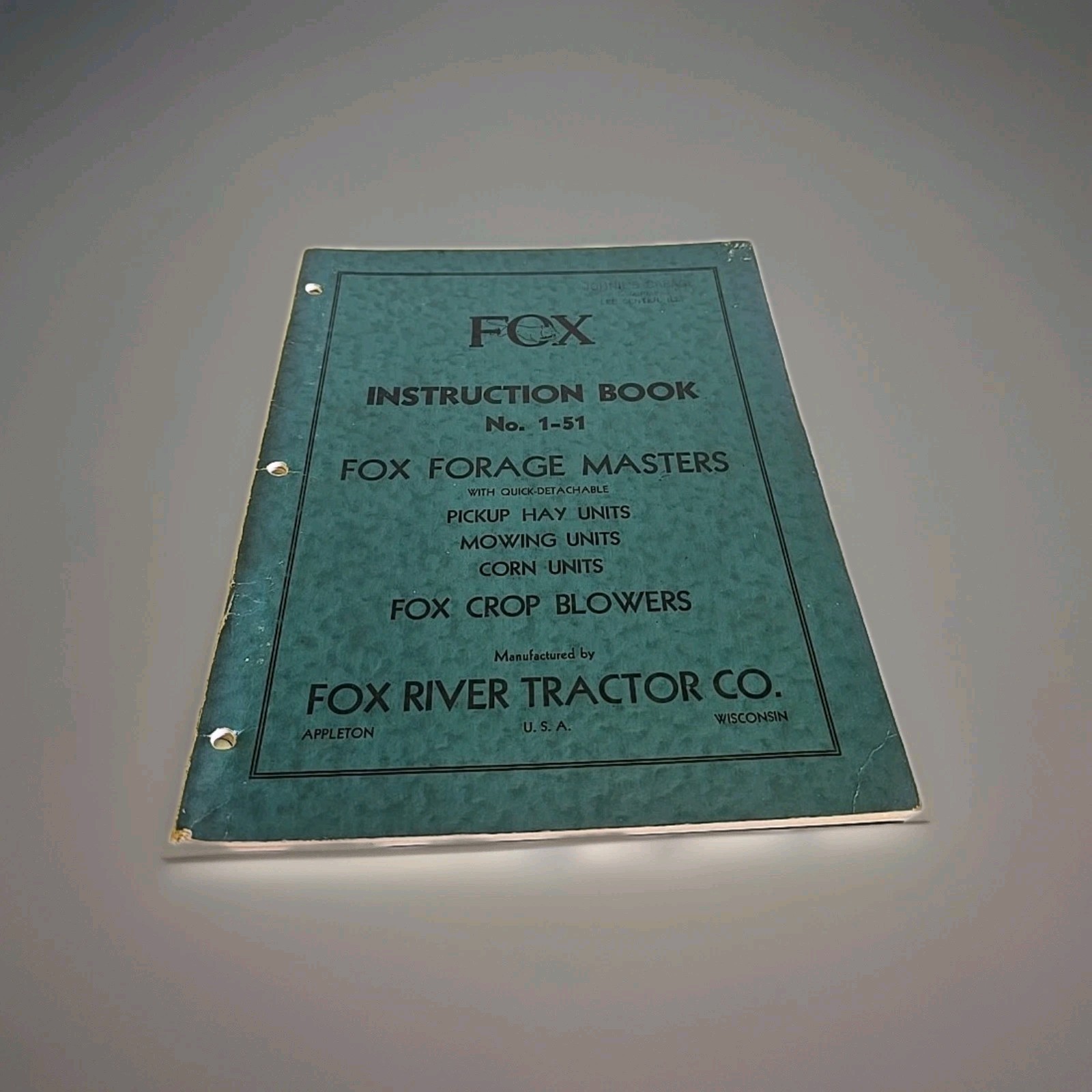 Vintage 1950 Fox River Tractor Co Fox Forage Masters Instruction Book No. 1-51