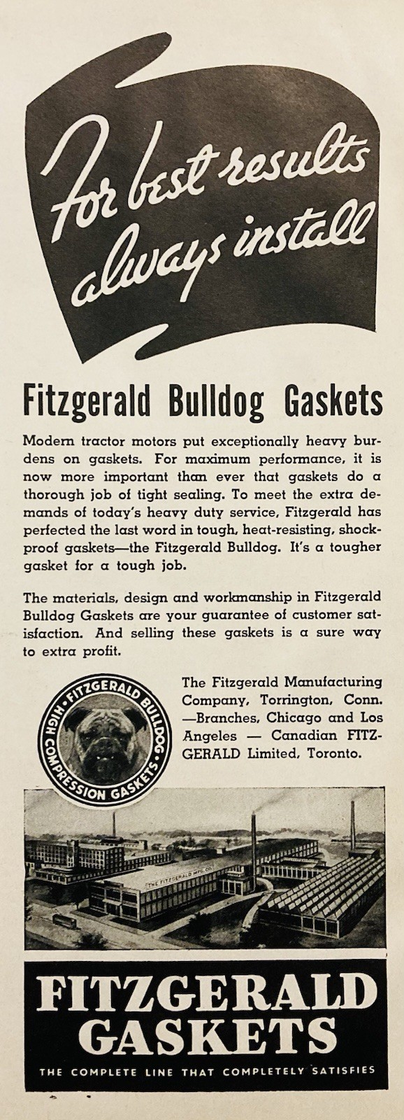 1944 AD.(PC5)~FITZGERALD LTD. TORONTO, CANADA. BULLDOG TRACTOR GASKETS