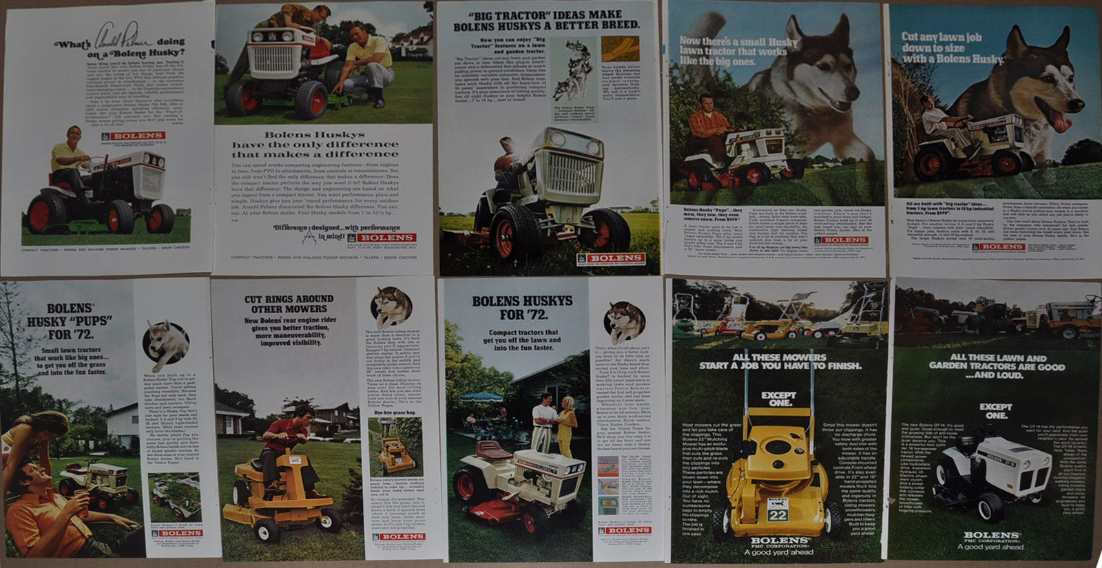 1967-73 BOLENS Lawn Tractor advertisements x10, Bolens Husky, Arnold Palmer etc