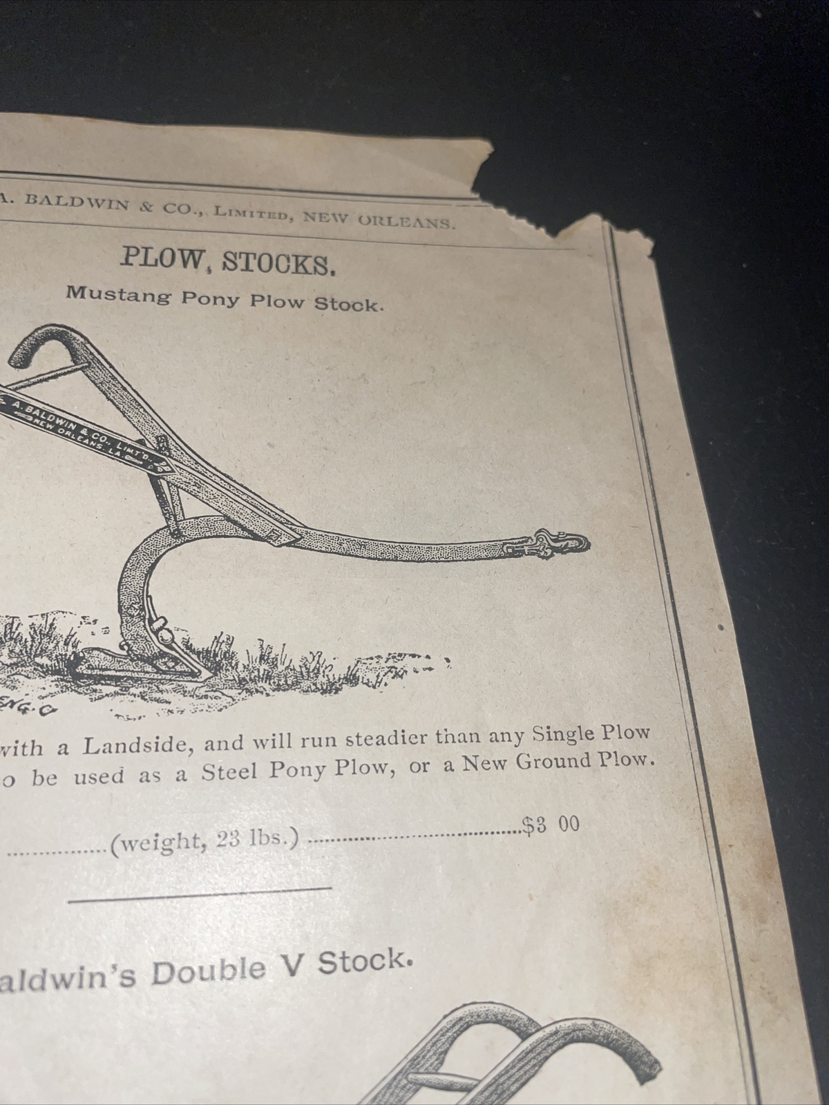 1891 Baldwin Mustang Pony Plow Farm Advertising – New Orleans – Louisiana