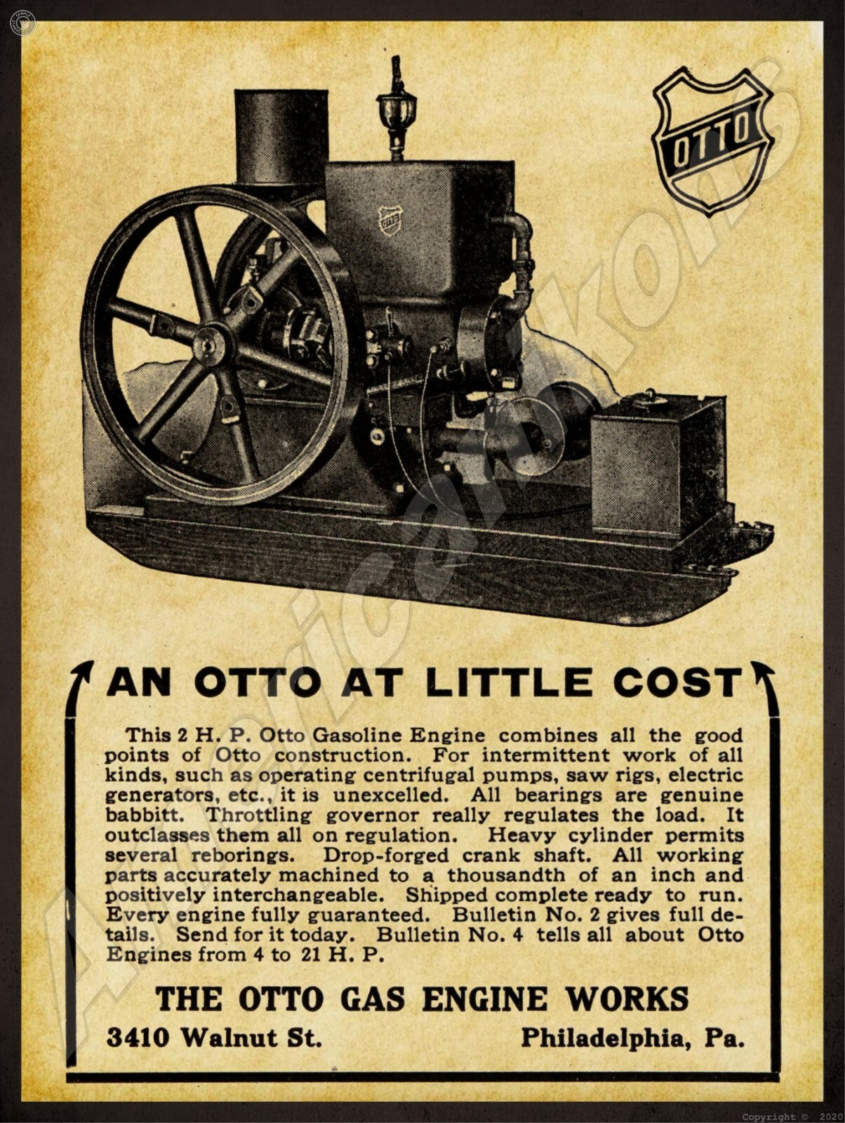 1912 Otto Gas Engine Works NEW Metal Sign 24&Prime;x30&Prime; USA STEEL XL Size 7 lb