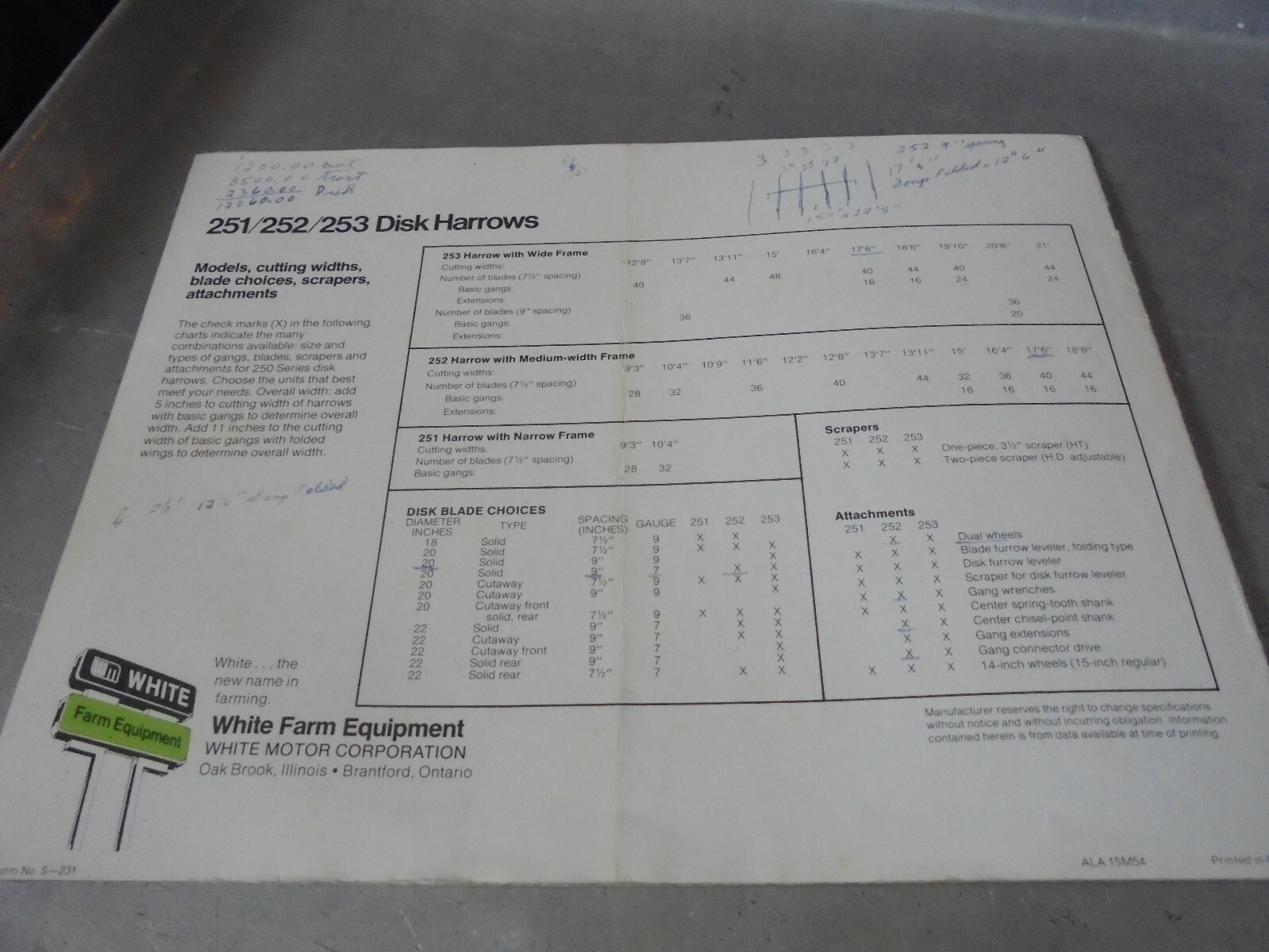 Vintage White 251 252 253 Disk Harrows Brochure
