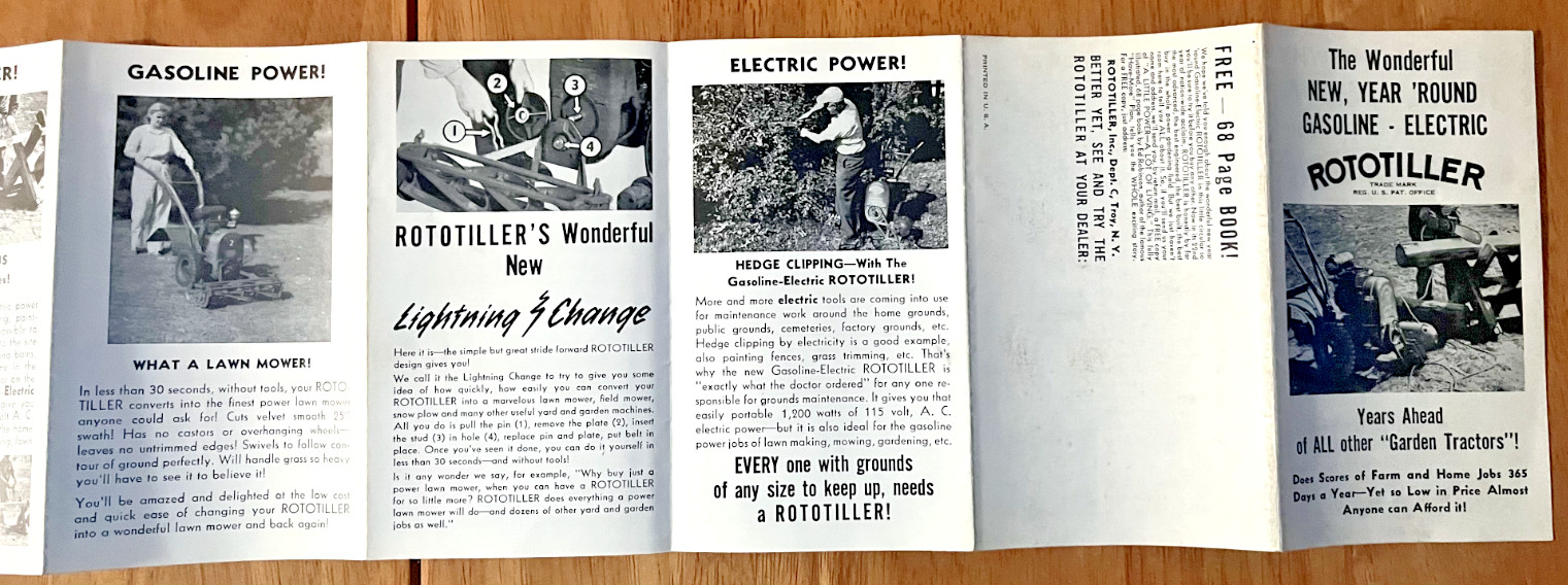 Rototiller Gas and Electric Generator attachment sales brochure Troy New York