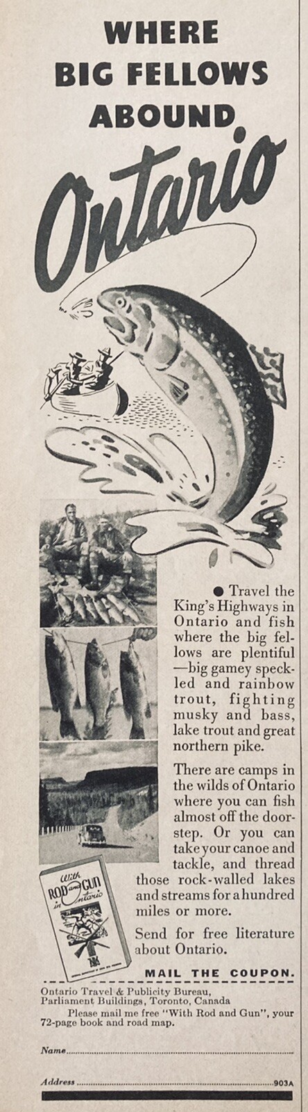 1939 AD(XH26)~ONTARIO, CANADA TOURIST BUREAU FISHING VACATION DESTINATION
