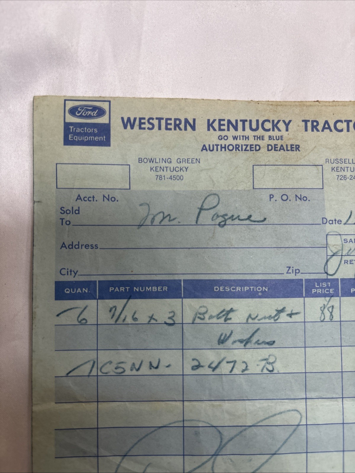Western Kentucky Ford Tractor receipt 1977 Bowling Green dealership Mr. Payne