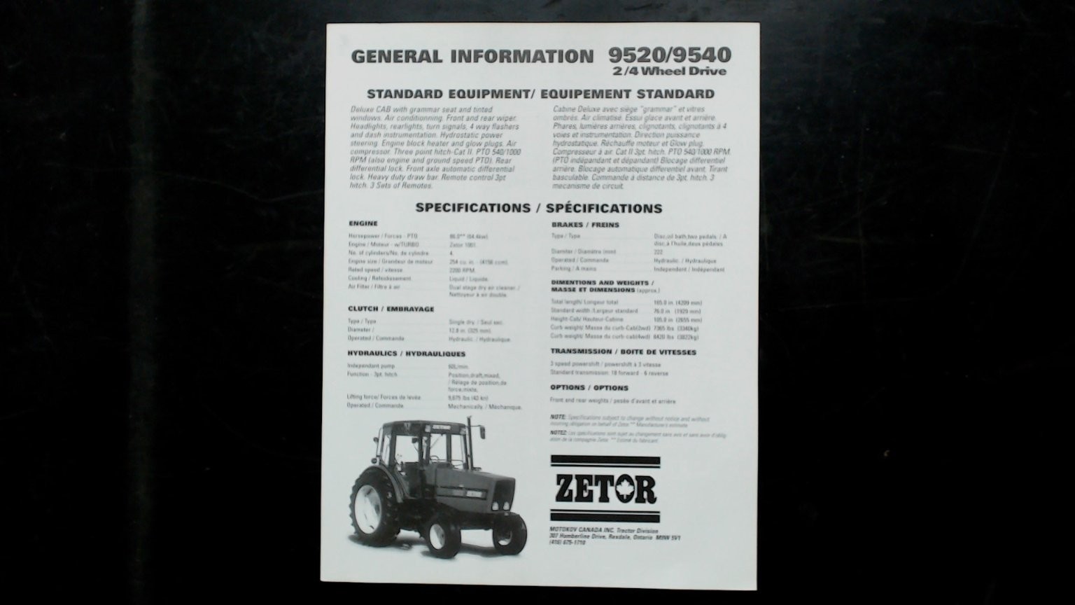 Zetor 9520/9540 Tractor Brochure 2/4 Wheel Drive Vintage Agriculture
