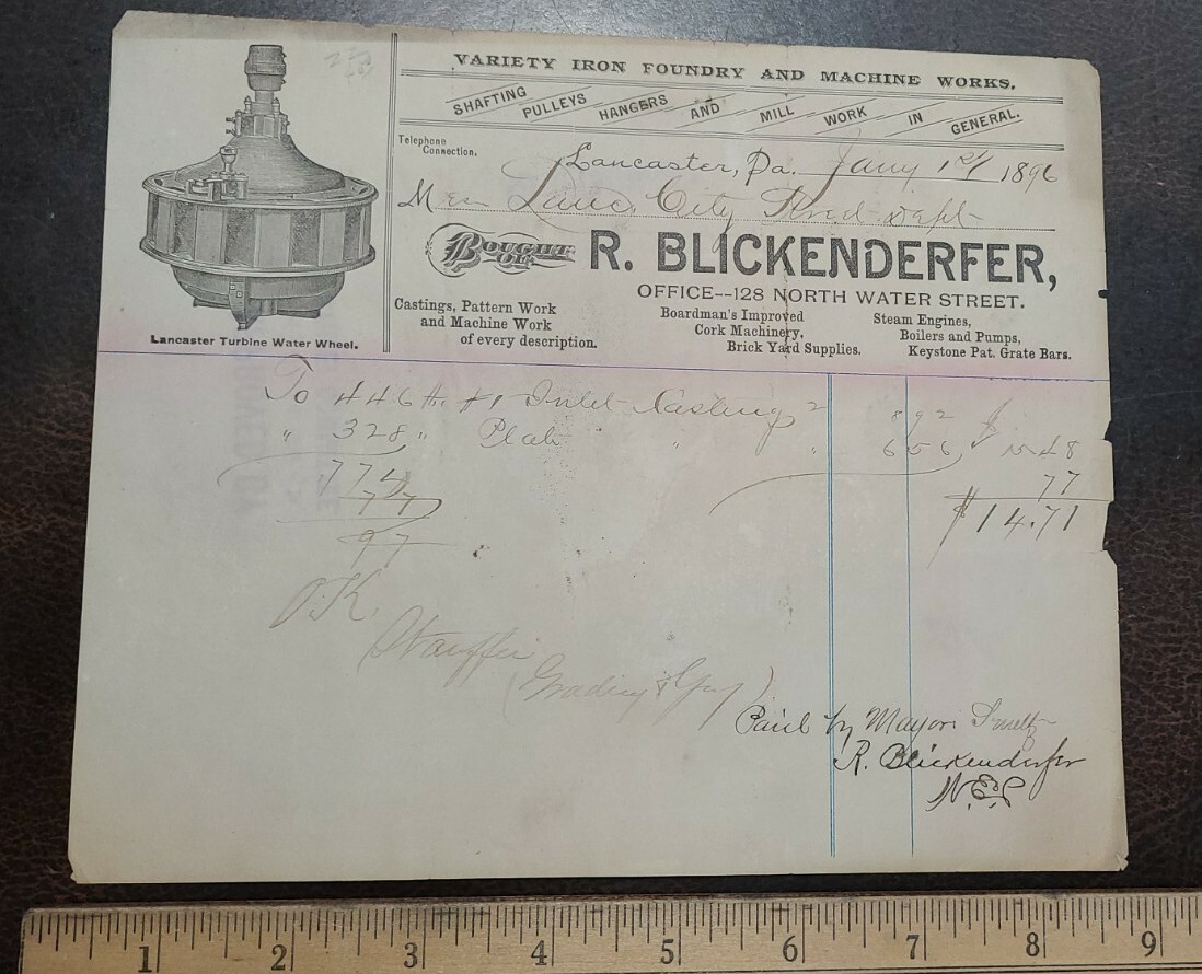 Early Lancaster Pa R. Bickenderfer Foundry Letterhead 1896
