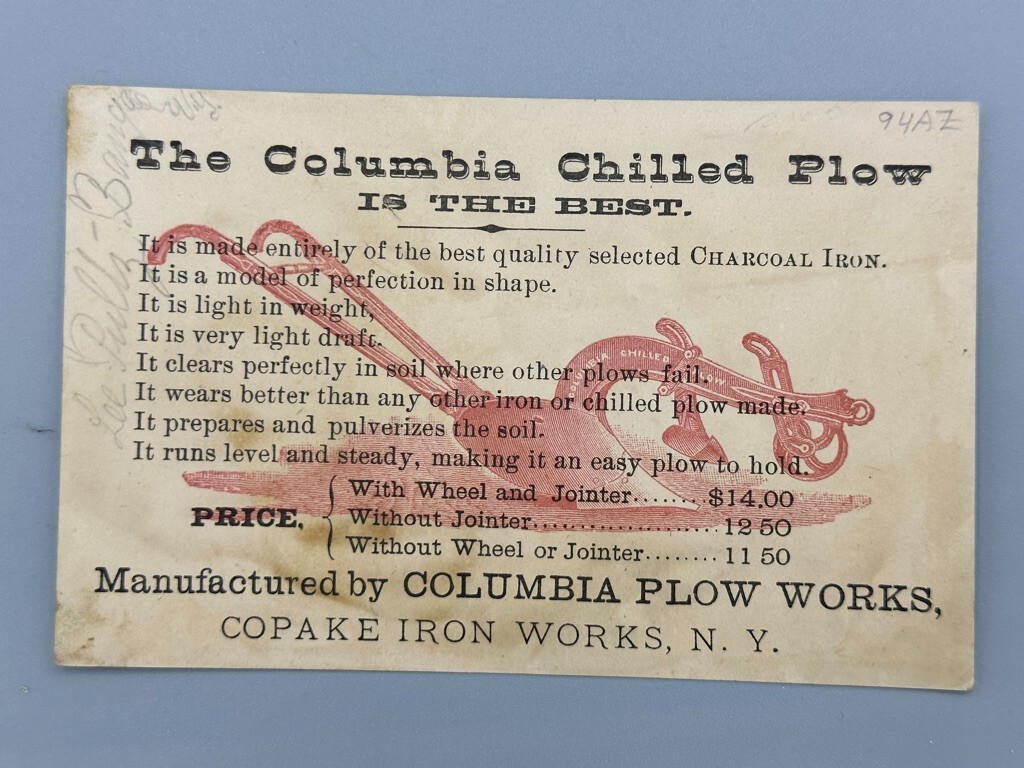 1880s COLUMBIA CHILLED PLOW Love Note FARM Advertising Trade Card COPAKE IRON NY