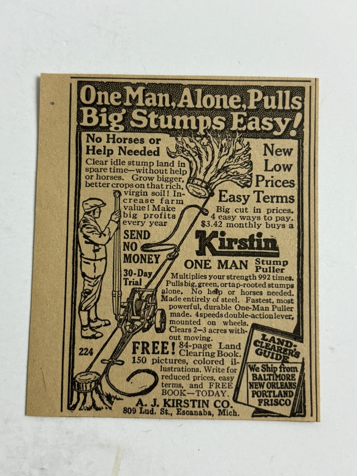 1924 Kristin Stump Puller A J Kirstin Company Escanaba Michigan Farm print Ad