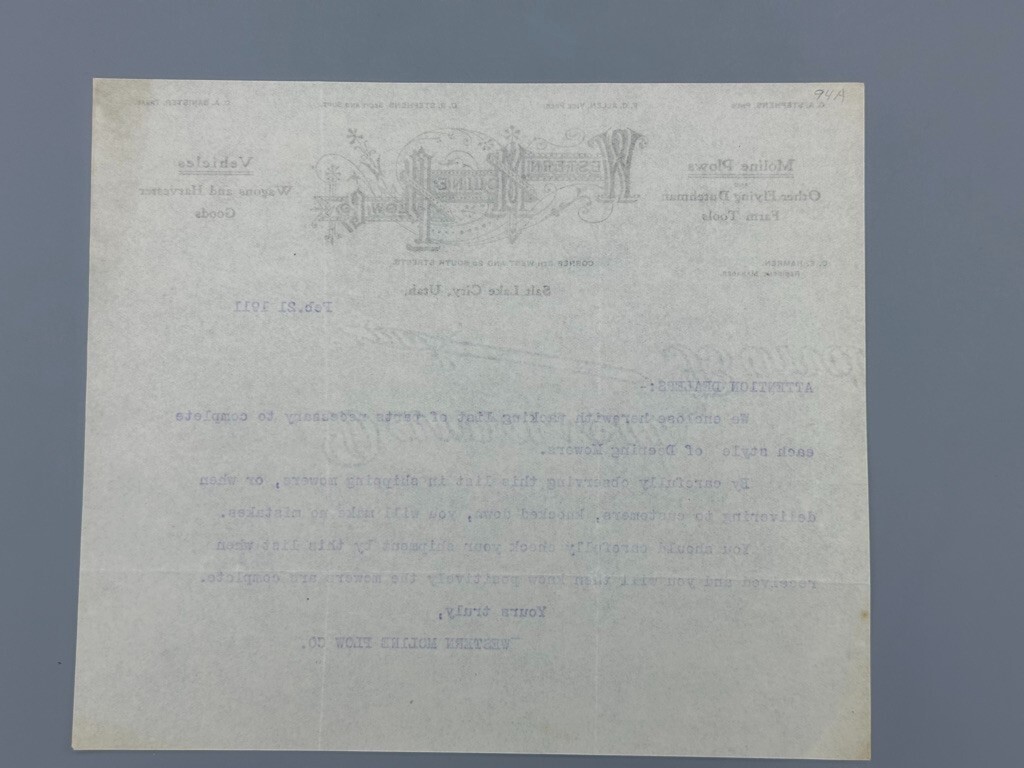 1911 WESTERN MOLINE PLOW Co FARM Advertising SALT LAKE CITY Utah Letter Antique