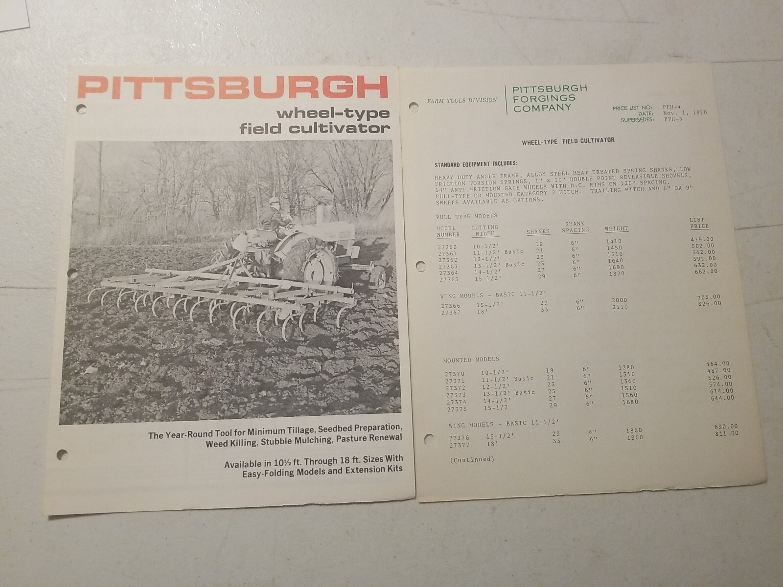 1970 PITTSBURGH FORGINGS CO. WHEEL TYPE FIELD CULTIVATOR BROCHURE & PRICE LIST