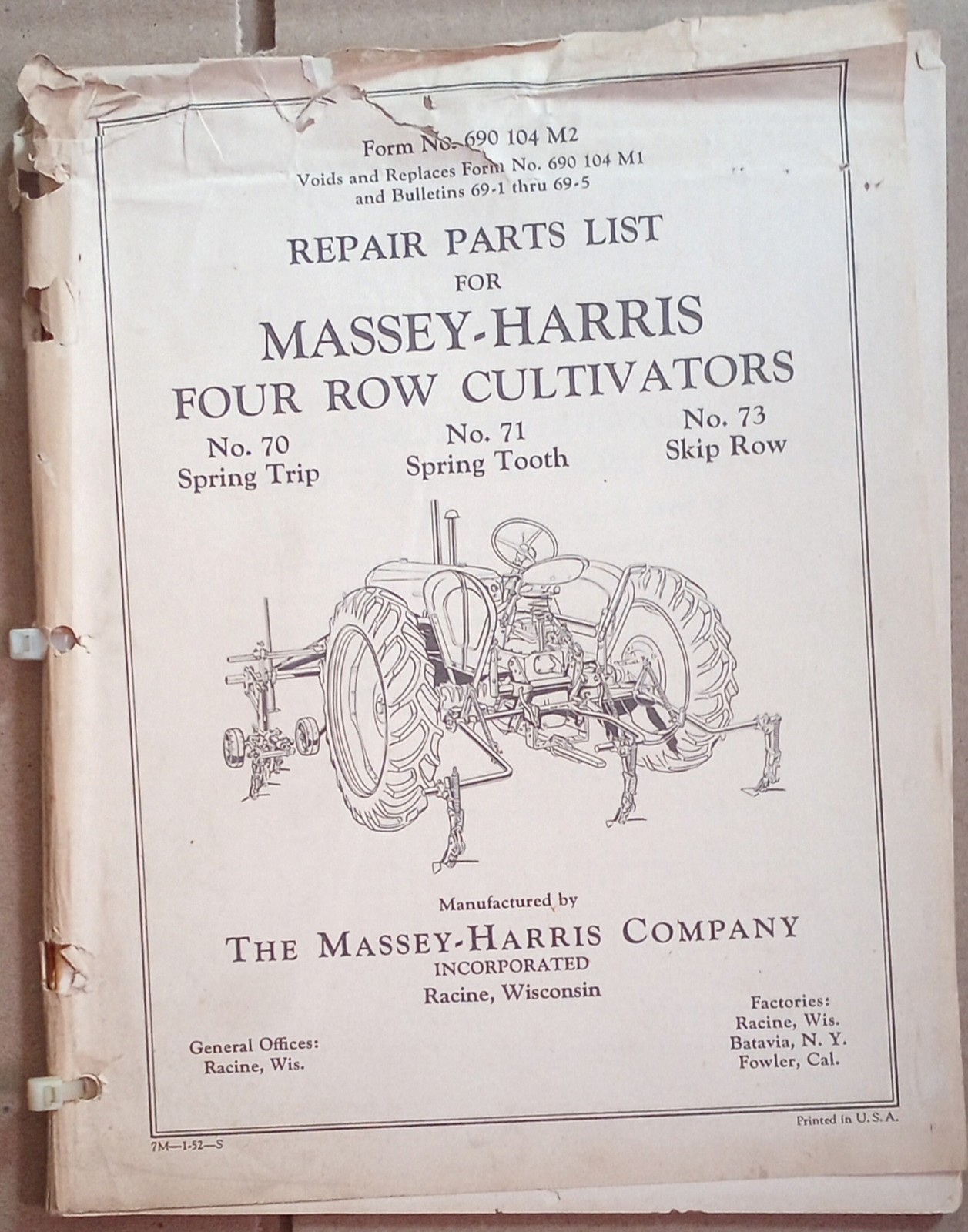 1952 Massey Harris 4 Row Cultivators #70 Spring Trip #71 Spring Tooth #73Skiprow
