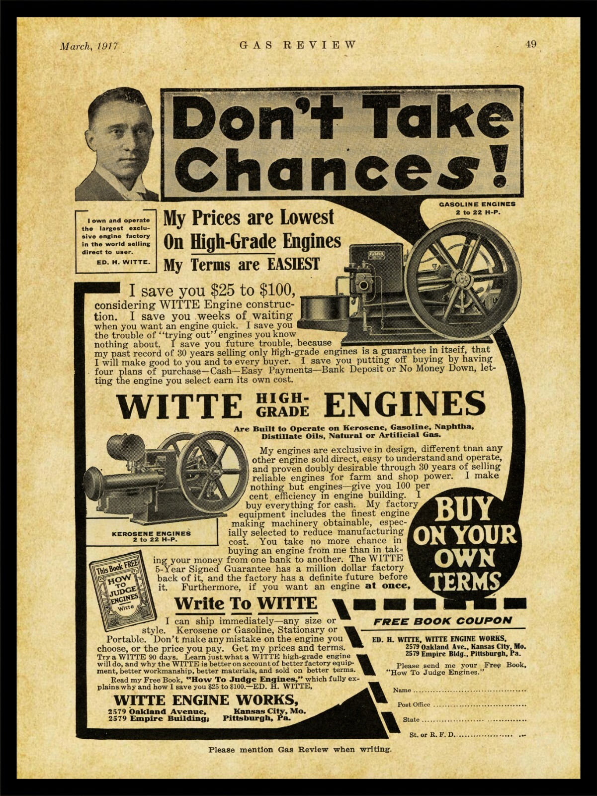 1917 Witte Engine Works NEW Metal Sign: Gas & Kerosene Engines – Kansas City MO