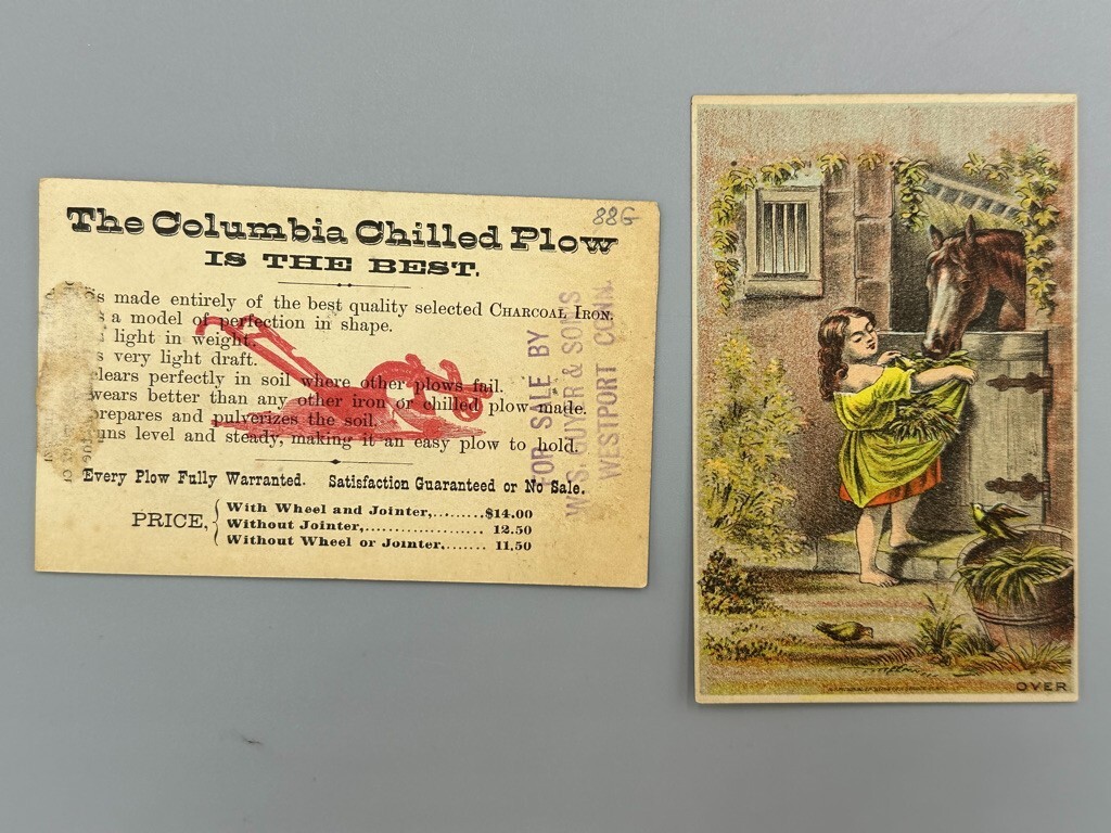 1880s Pair COLUMBIA CHILLED PLOW Horse Chickens FARM Advertising Trade Card