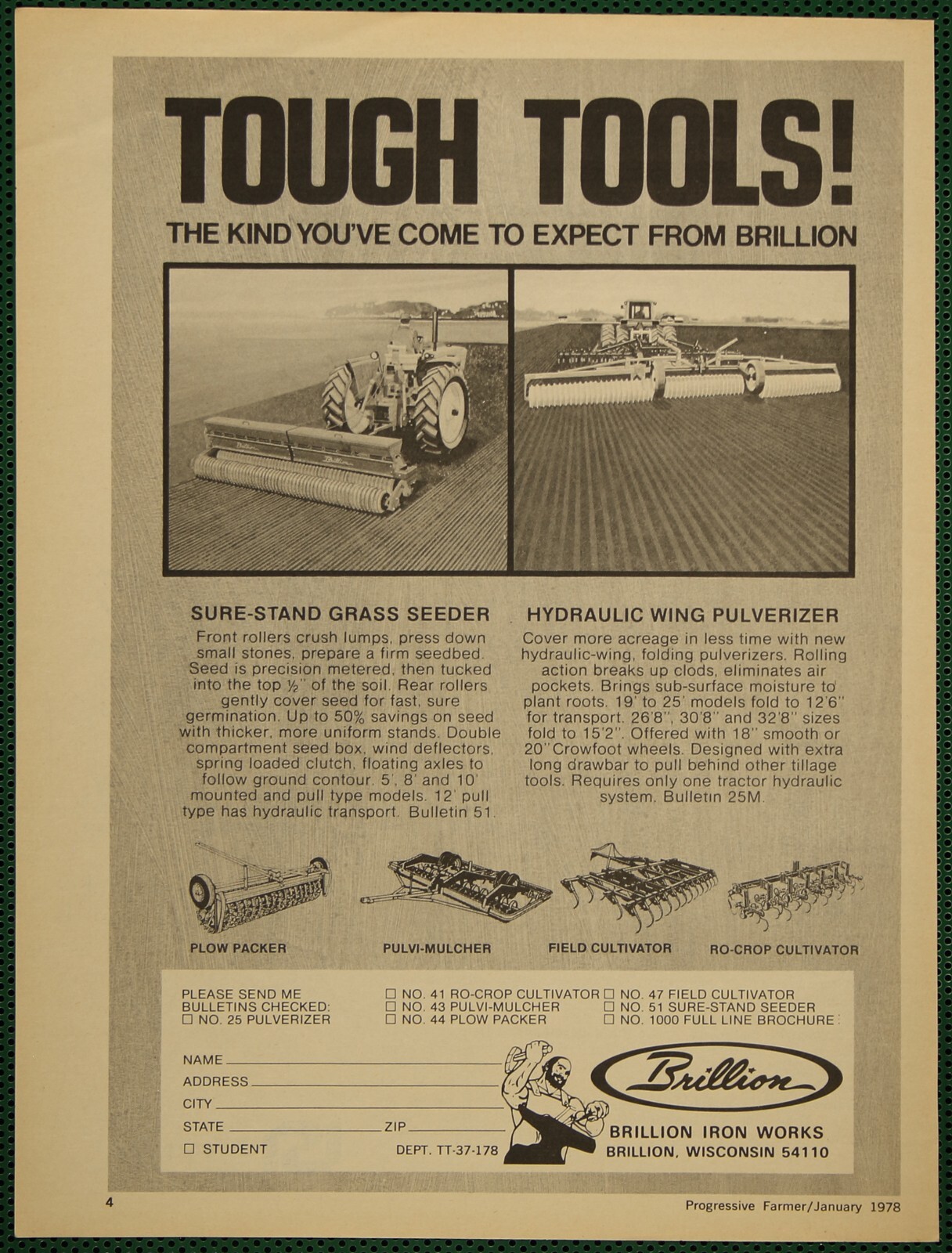 Brillion Iron Grass Seeder Wing Pulverizer Farm Tools Vintage Print Ad 1978