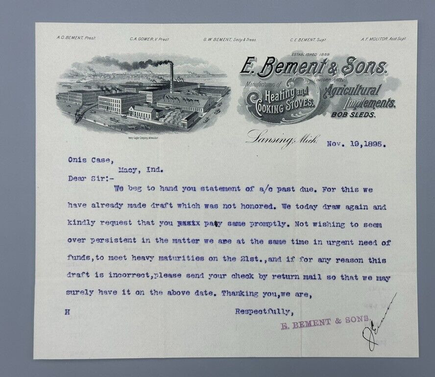 1895 Bement Cooking STOVES Farm Tools BOB SLEDS Antique Advertising LANSING MI