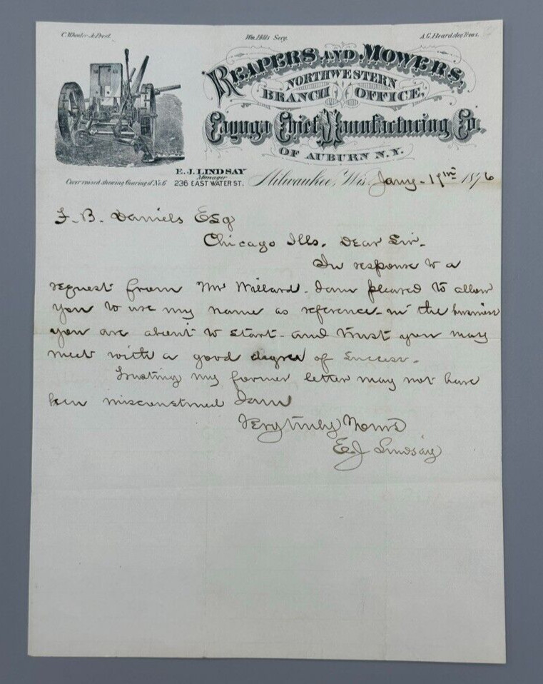 1876 CAYUGA CHIEF Machinery FARM Letter Antique Advertising AUBURN NY Milwaukee