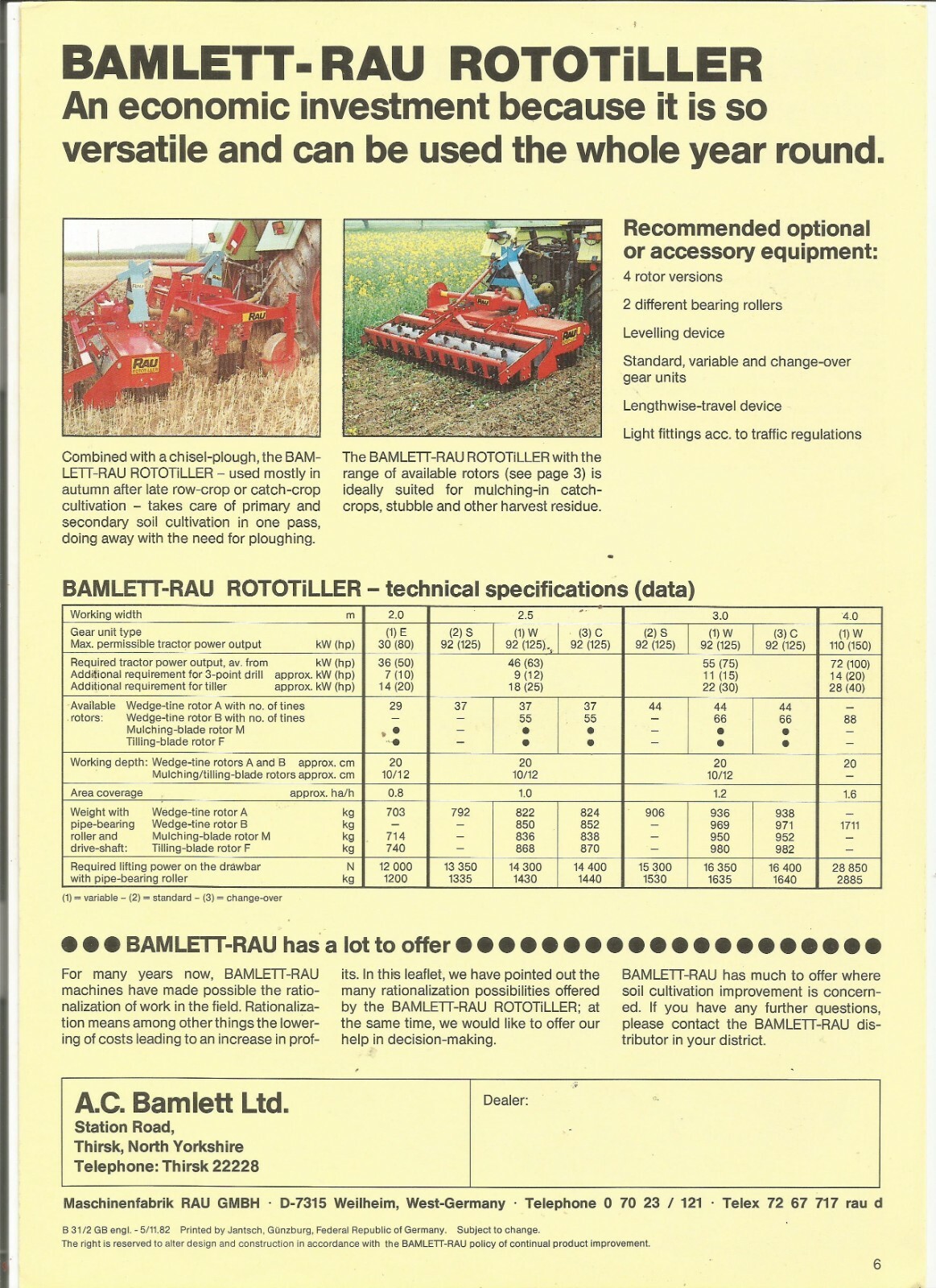 Original Bamlett Rau 2.0M 2.5M 3.0M 4.0M Rototiller Sales Brochure # B 31/2 GB