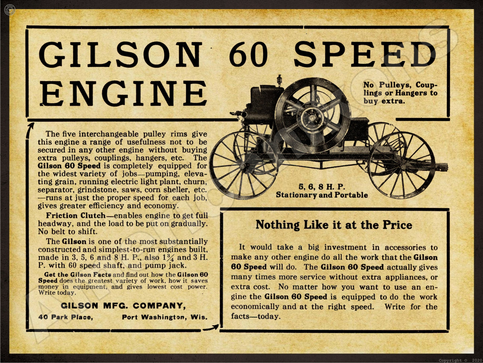 1912 Gilson 60 Speed Gas Engines New Metal Sign: Port Washington, Wisconsin