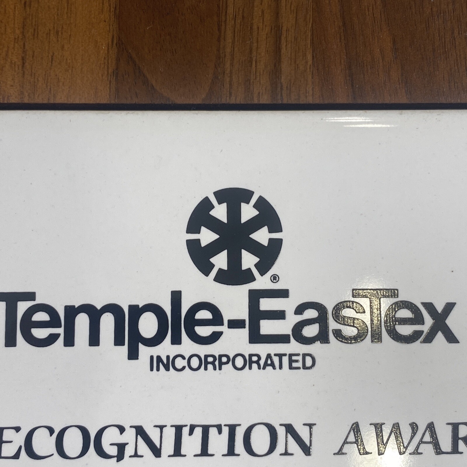 Vintage Temple EasTex Diboll Texas Recognition Award Plaque Wood Ceramic