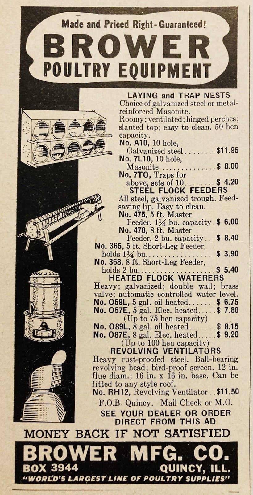 1949 AD.(XH86)~BROWER MFG. CO. QUINCY, ILL. BROWER POULTRY EQUIPMENT