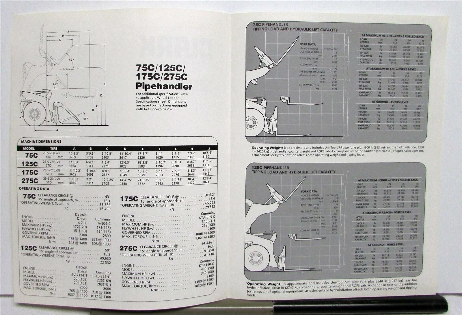 1985 Clark 75C 125C 175C 275C Pipehandler Specs Construction Sales Brochure