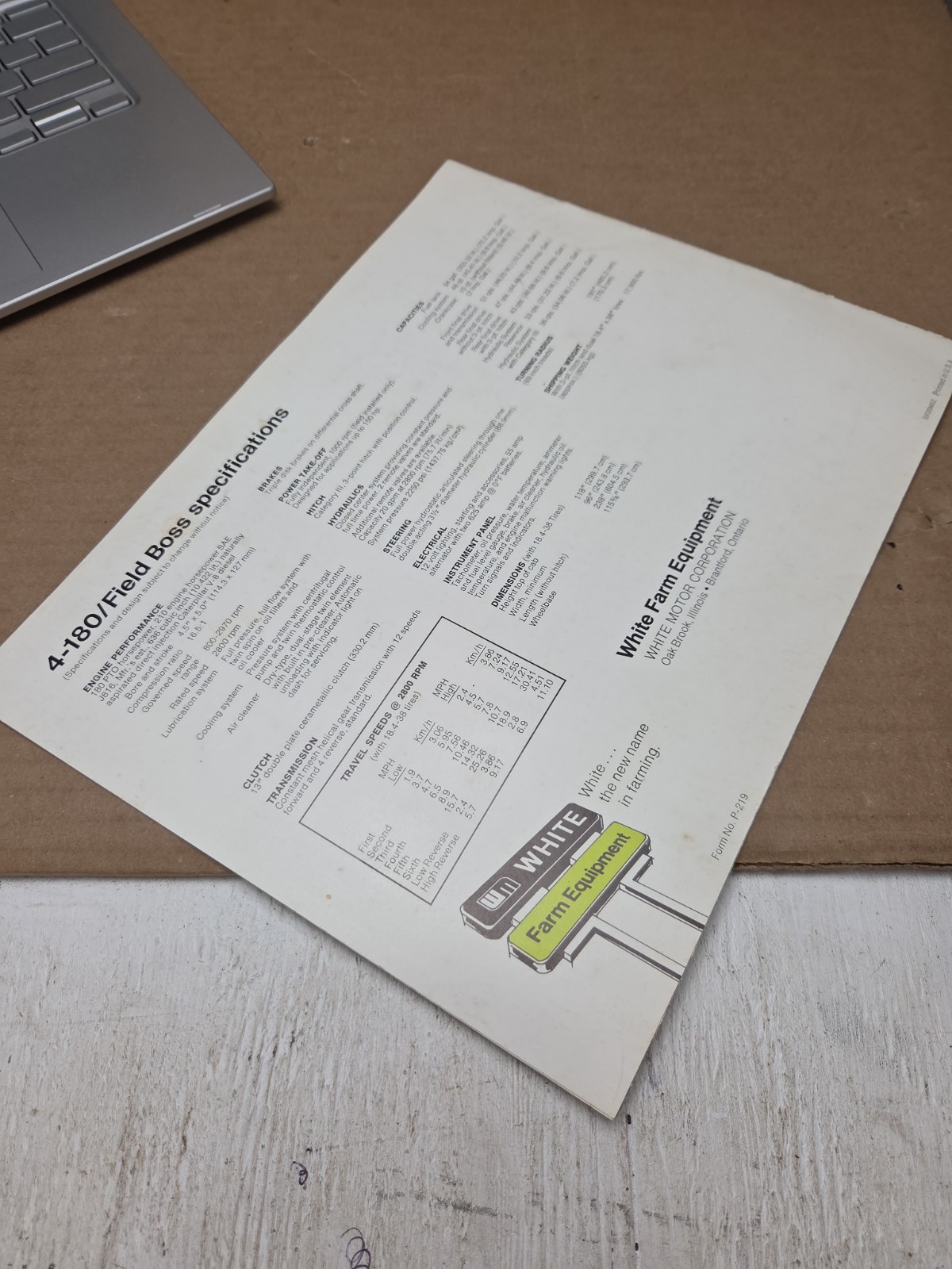 Vintage WHITE 4-180 Field Boss Full Color Dealer Brochure