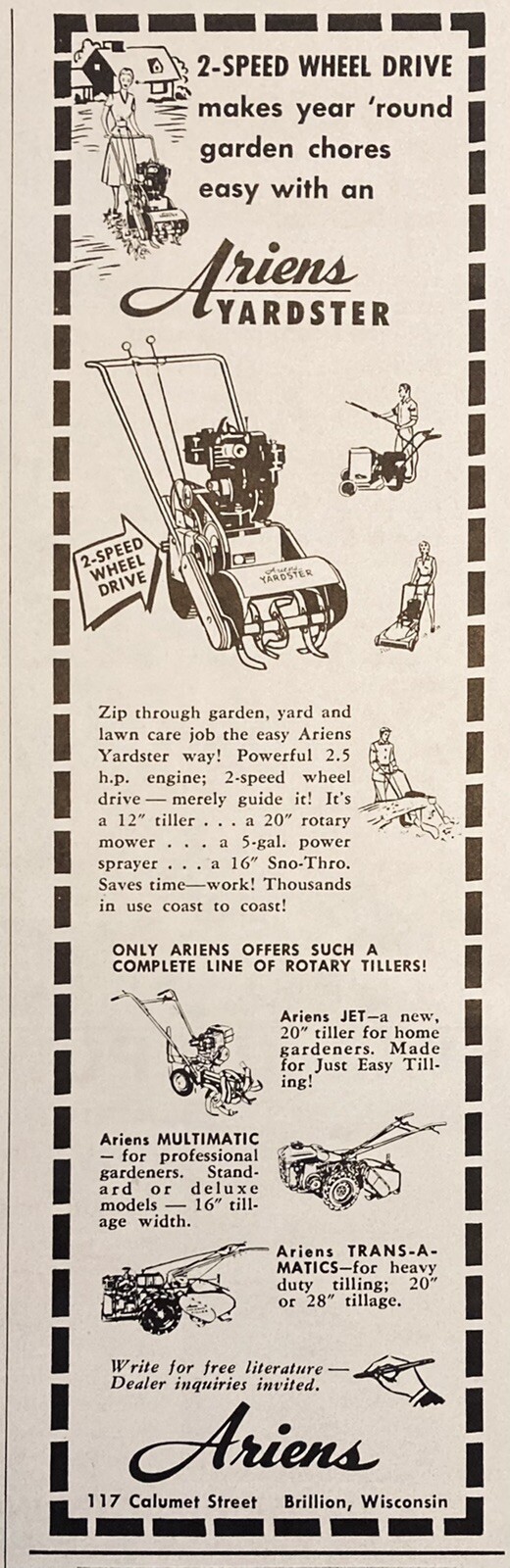 1958 AD.(XH54)~ARIENS CO. BRILLION, WISC. ARIENS YARDSTER GARDEN TRACTOR