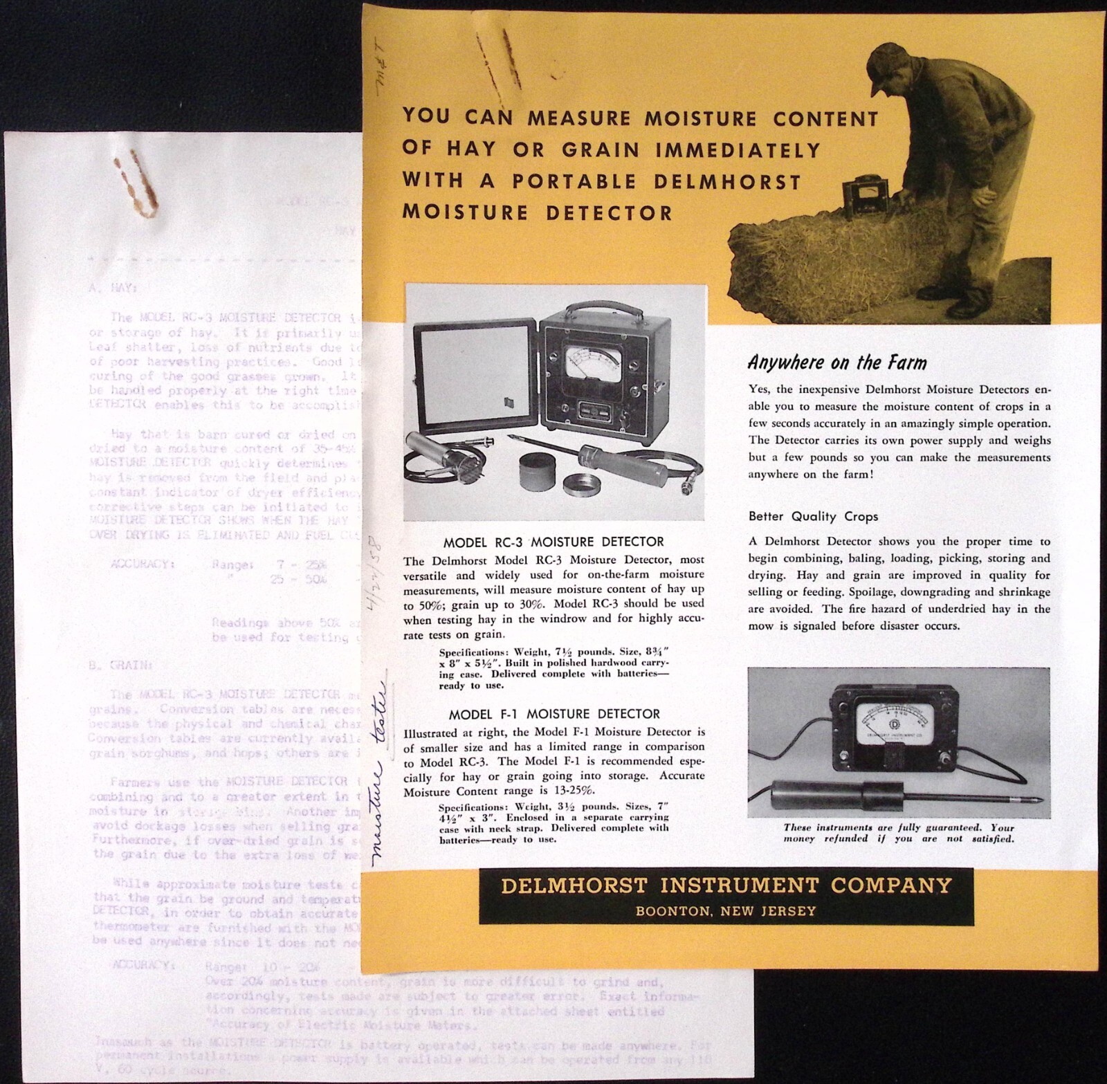 1958 Delmhorst Instrument Co Model RC-3 Model F-1 Moisture Detector Brochure