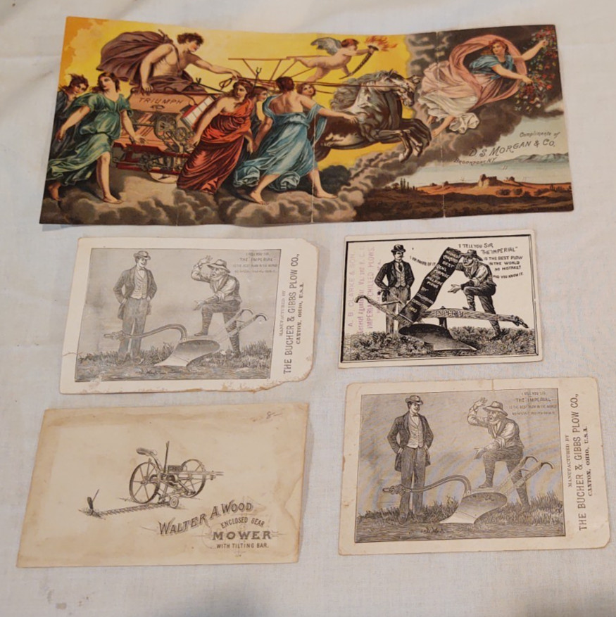 5 pc Antique Farm Agriculture Trade cards Triumph , Walter Wood ,Bucher & Gibbs