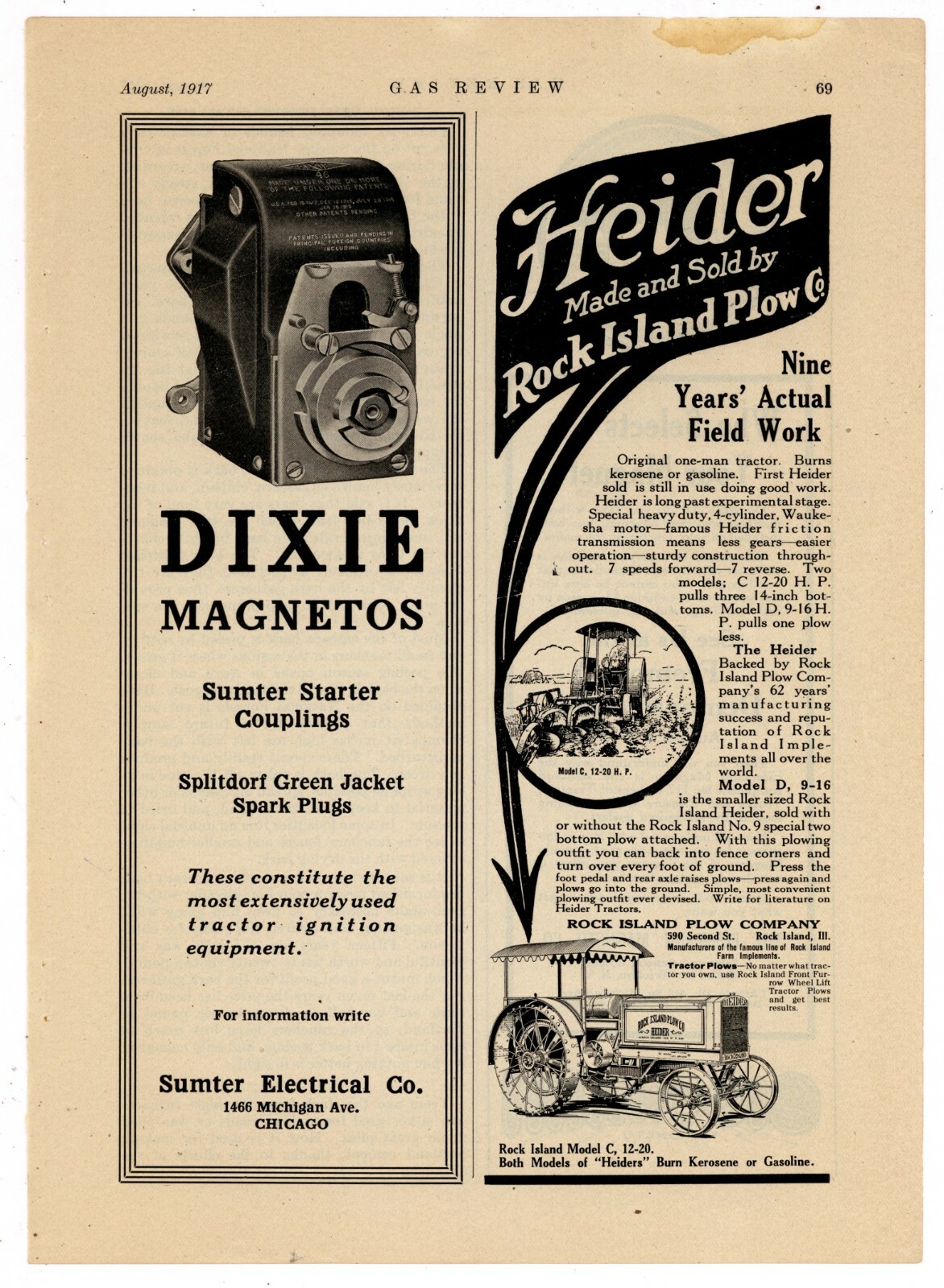 1917 Heider Tractor Ad: Model C – 12-20 HP – Rock Island Plow Co. Illinois