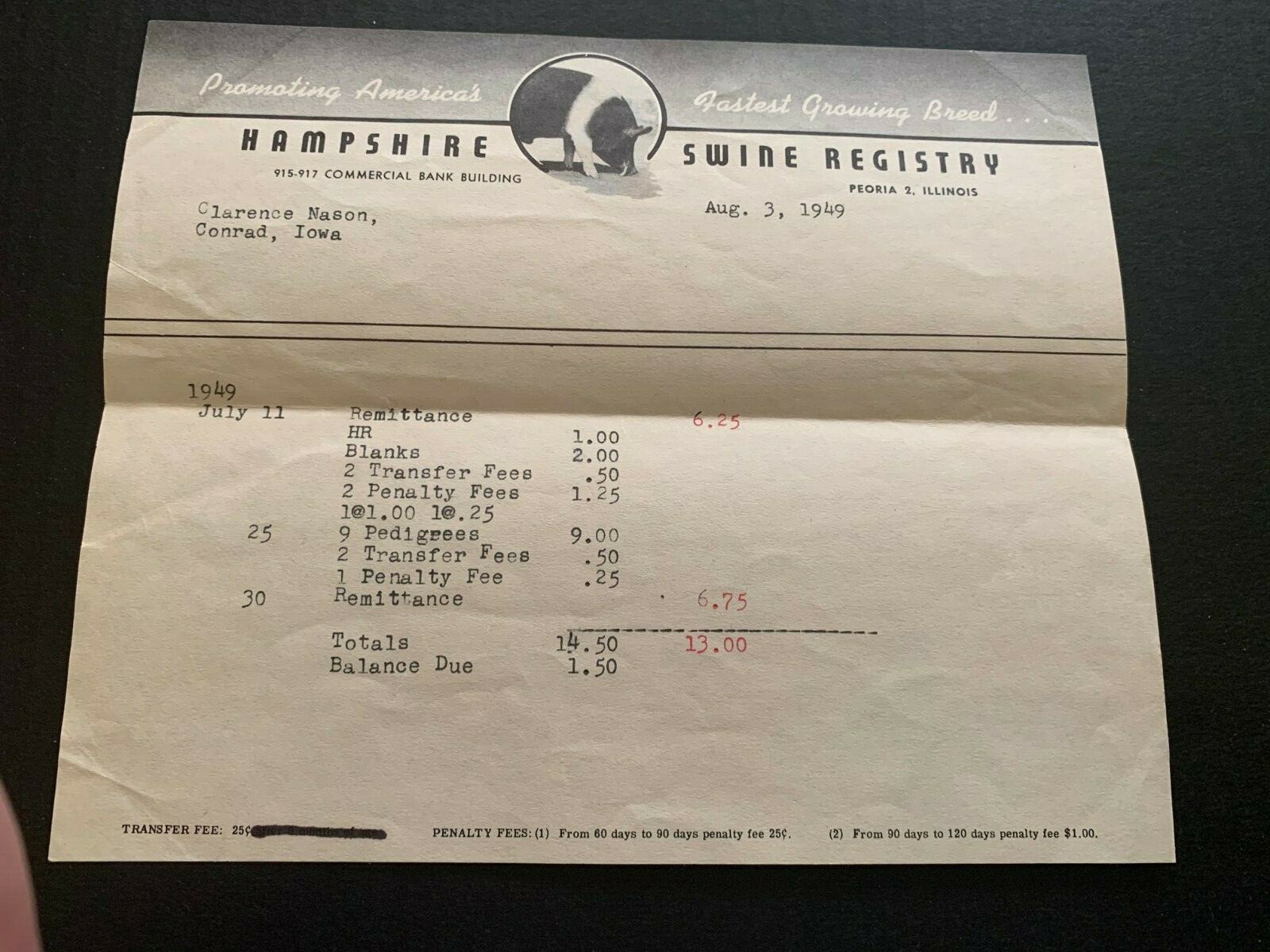 Vintage August 3 1949 Hampshire Swine Registry Letterhead