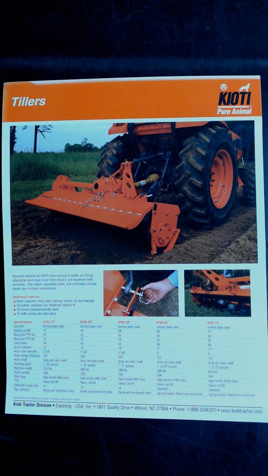 Kioti Tillers Agricultural Brochure Tractor Implement Orange 11×8.5in