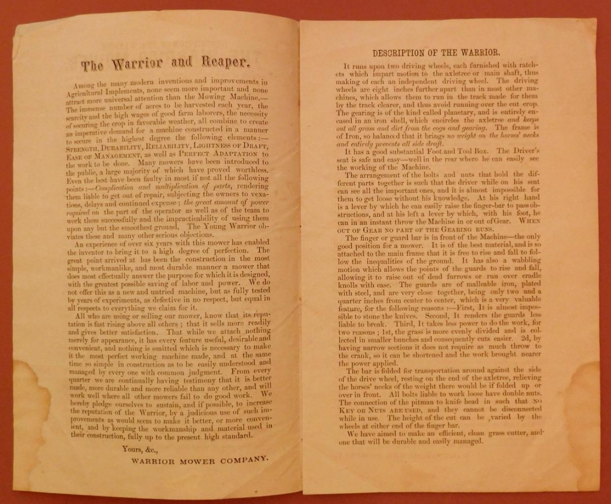 1860&rsquo;s Horsedrawn: The Warrior Mower Advertising Pamphlet Little Falls NY C345