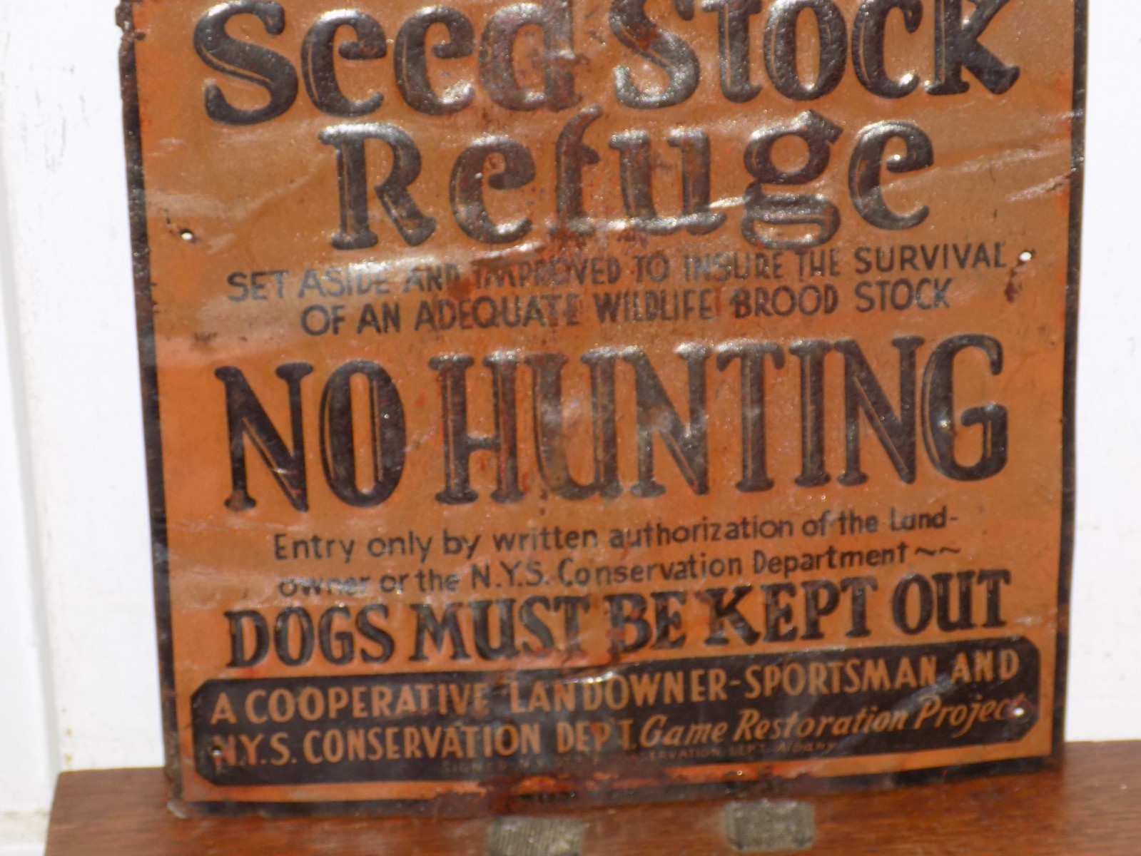 Vintage NY State Game Management Area Seed Stock Embossed Metal Sign