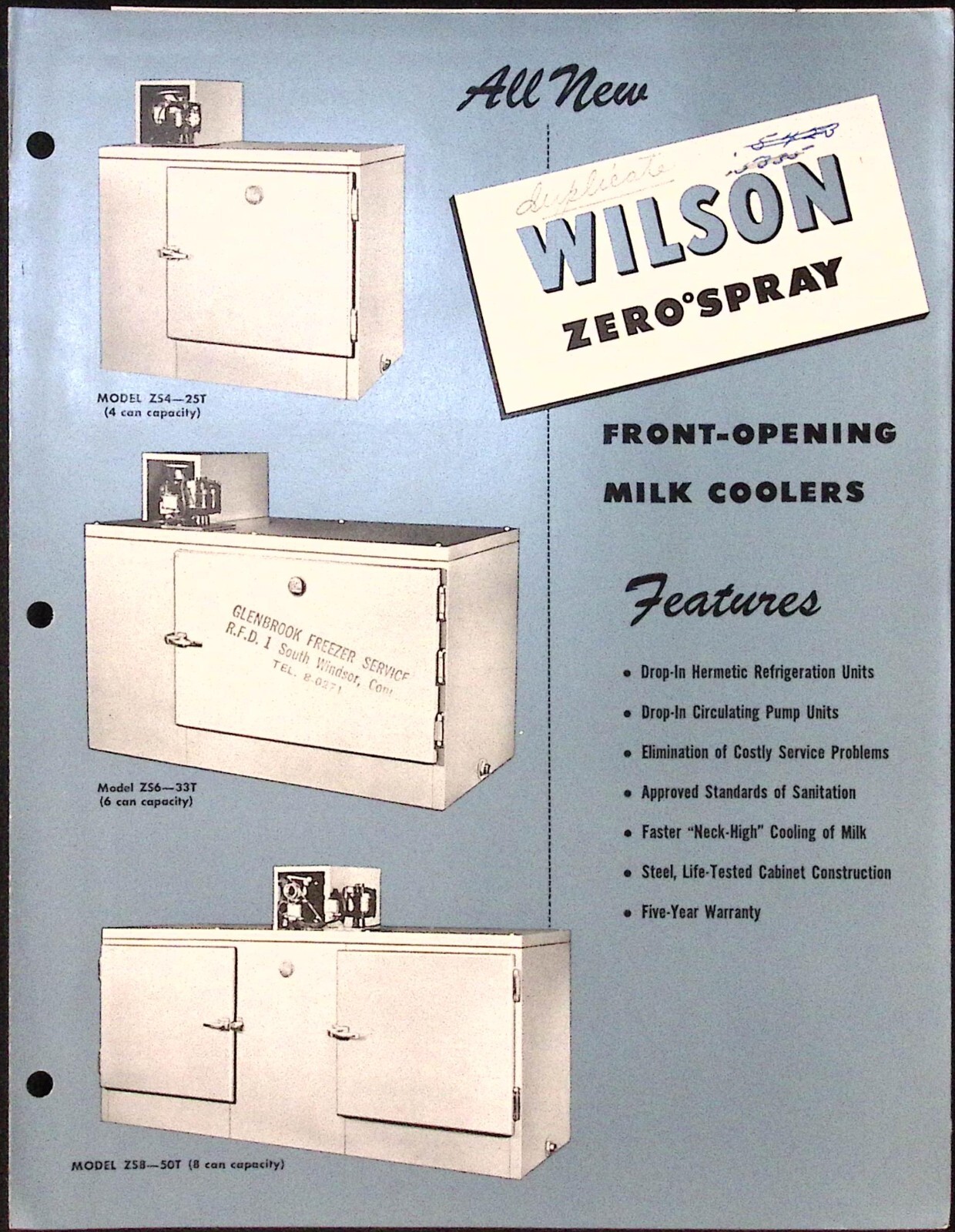 1950s Wilson Zero Spray Front Opening Milk Coolers Wilson Refrigeration Brochure