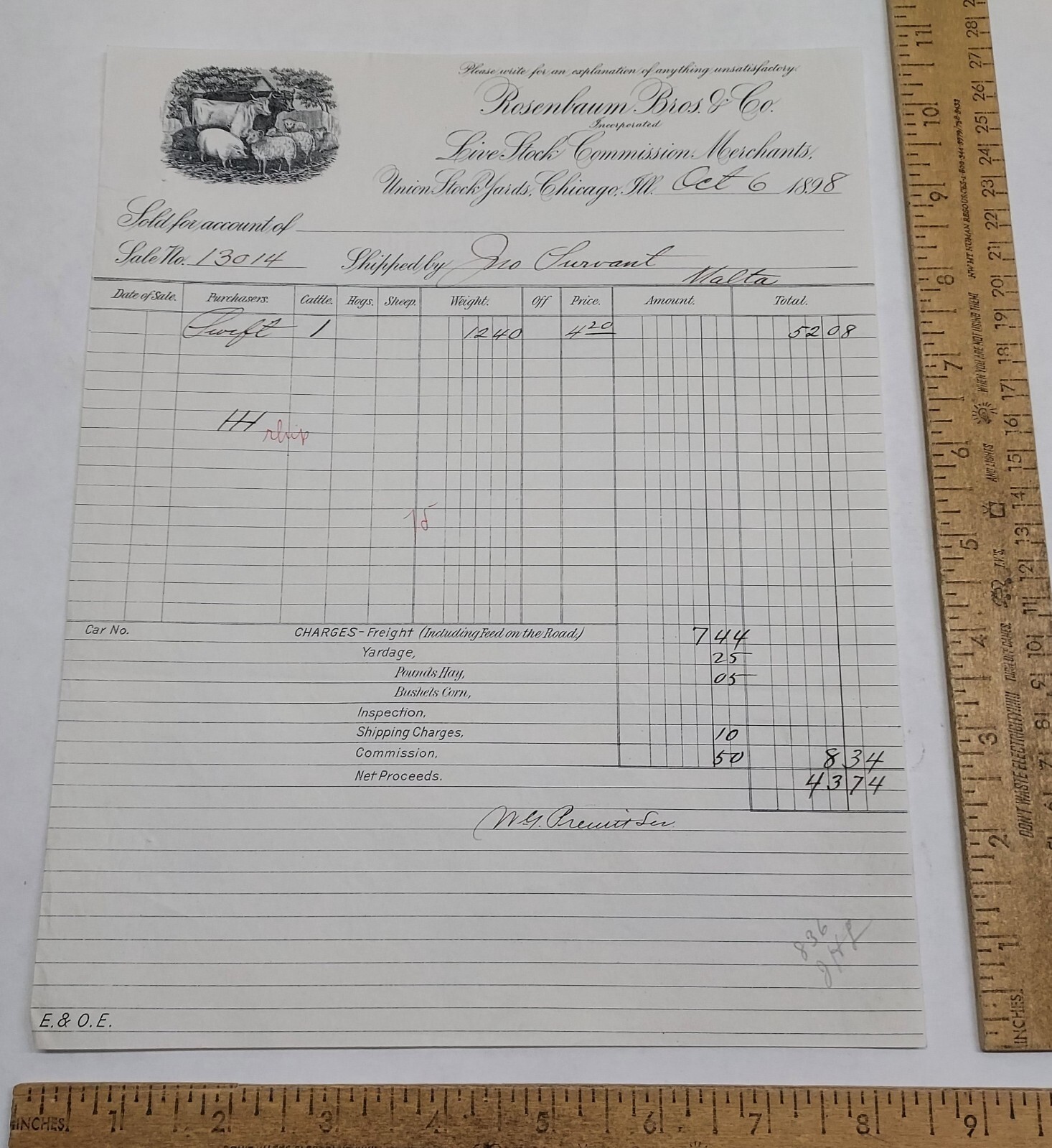 1898 ROSENBAUM BROS & CO Live Stock Commission Merchants RECEIPT – listing #7445