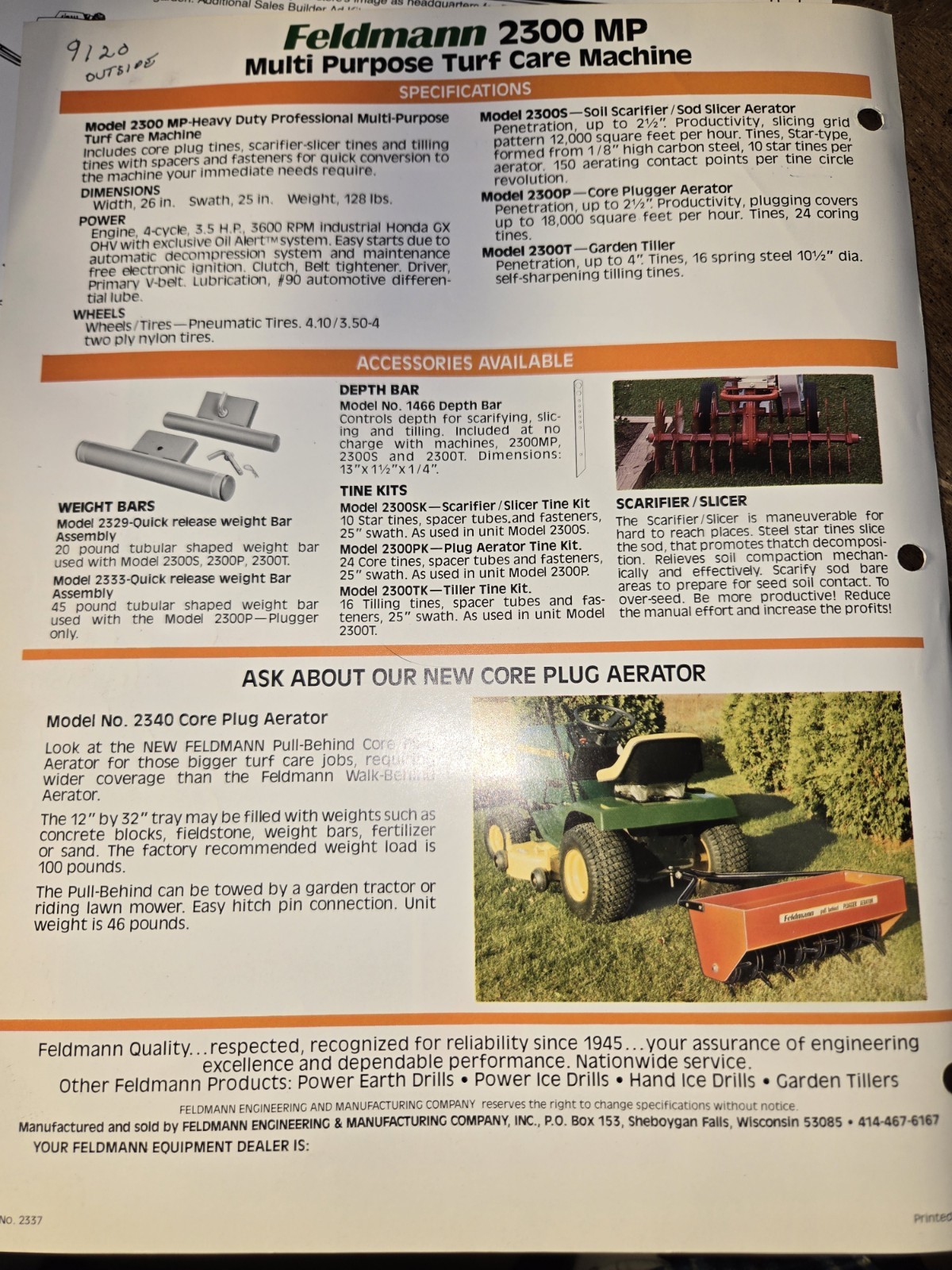 3 1987 Feldmann AUGERS TURF CARE MACHINE Sales BROCHURES ORIGINAL!