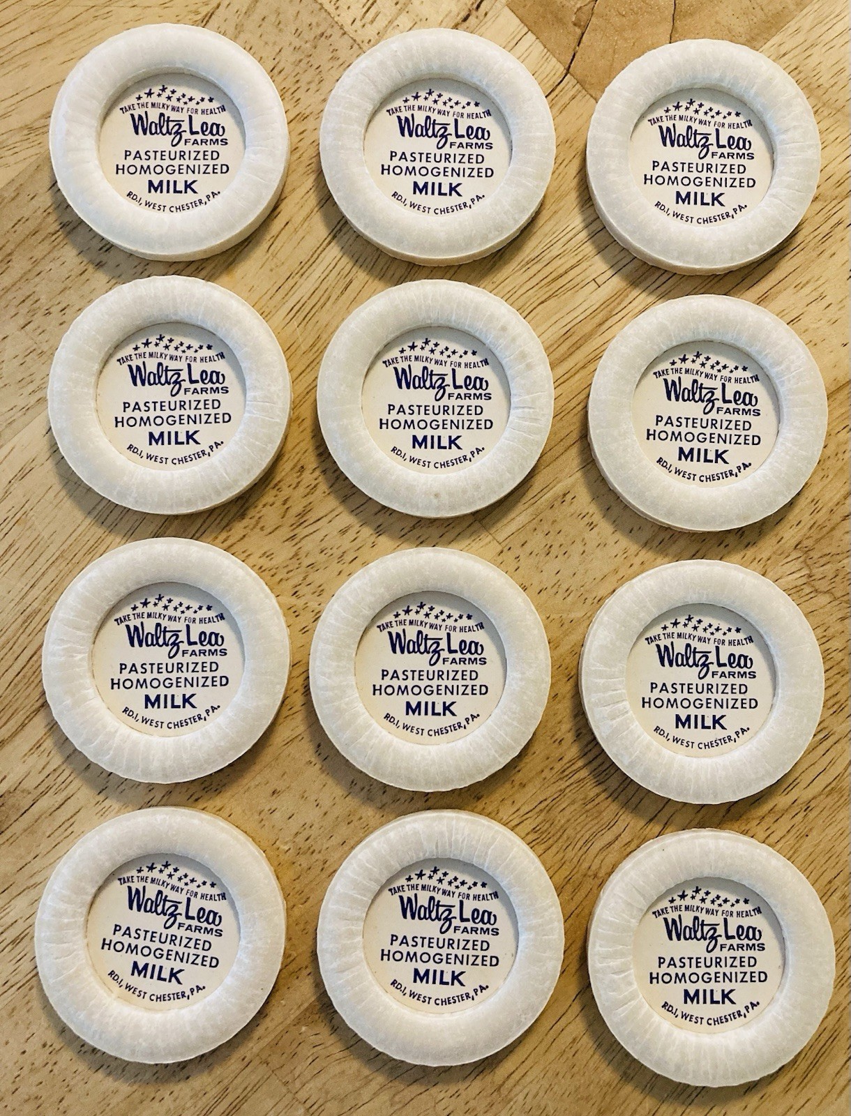 MILK BOTTLE CAP LOT (12)~WALTZ LEA DAIRY FARM, WEST CHESTER, PA. 1.25” SIZE