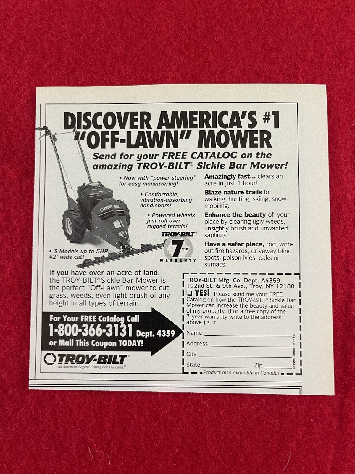 Vintage 1994 Troy Bilt Sickle Bar Mower Print Ad