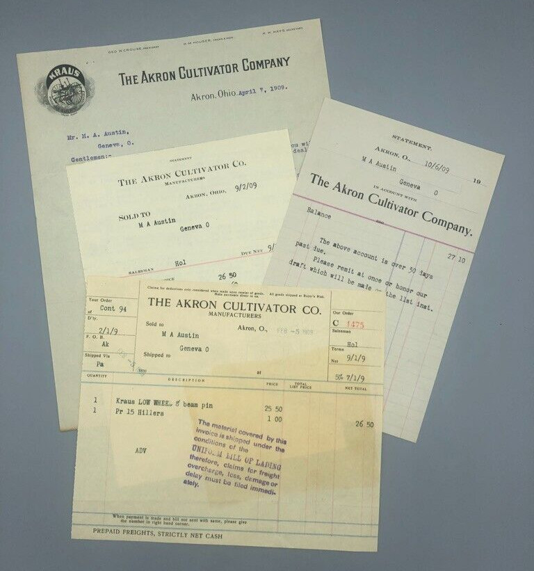 1909 AKRON CULTIVATOR Sulky KRAUS Plow Antique Letter FARM Advertising Ohio