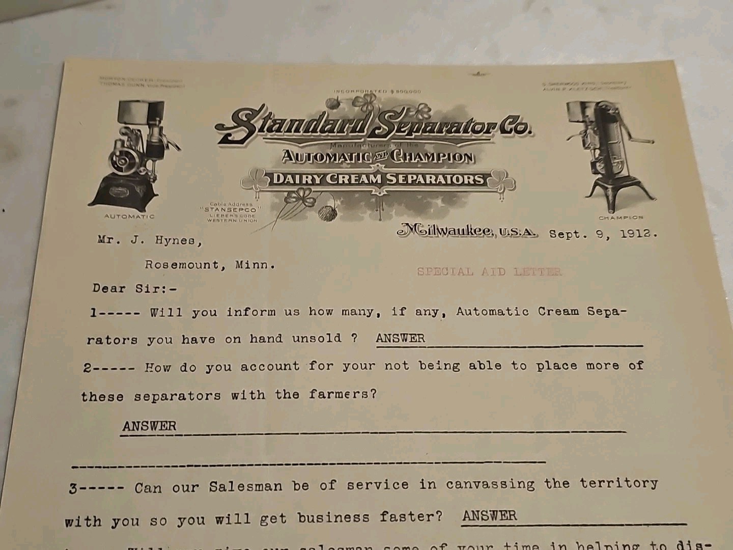 Vintage 1912 Standard Separator Company Letter Head
