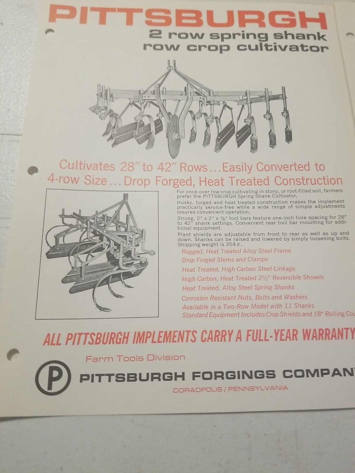 1970 PITTSBURGH FORGINGS CO. 2 ROW SPRING SHANK CULTIVATOR BROCHURE &PRICE LIST