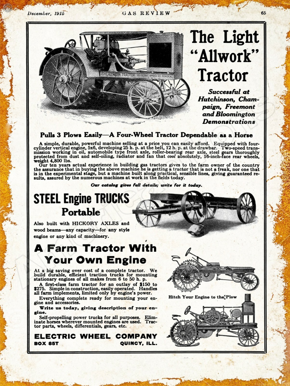 1915 Electric Wheel Co. Allwork Tractor New Metal Sign: Quincy, Illinois