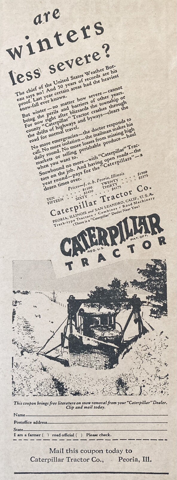 1930 AD.(XH31)~CATERPILLAR TRACTOR CO. PEORIA, ILL. CATERPILLAR WINTER PLOW’S