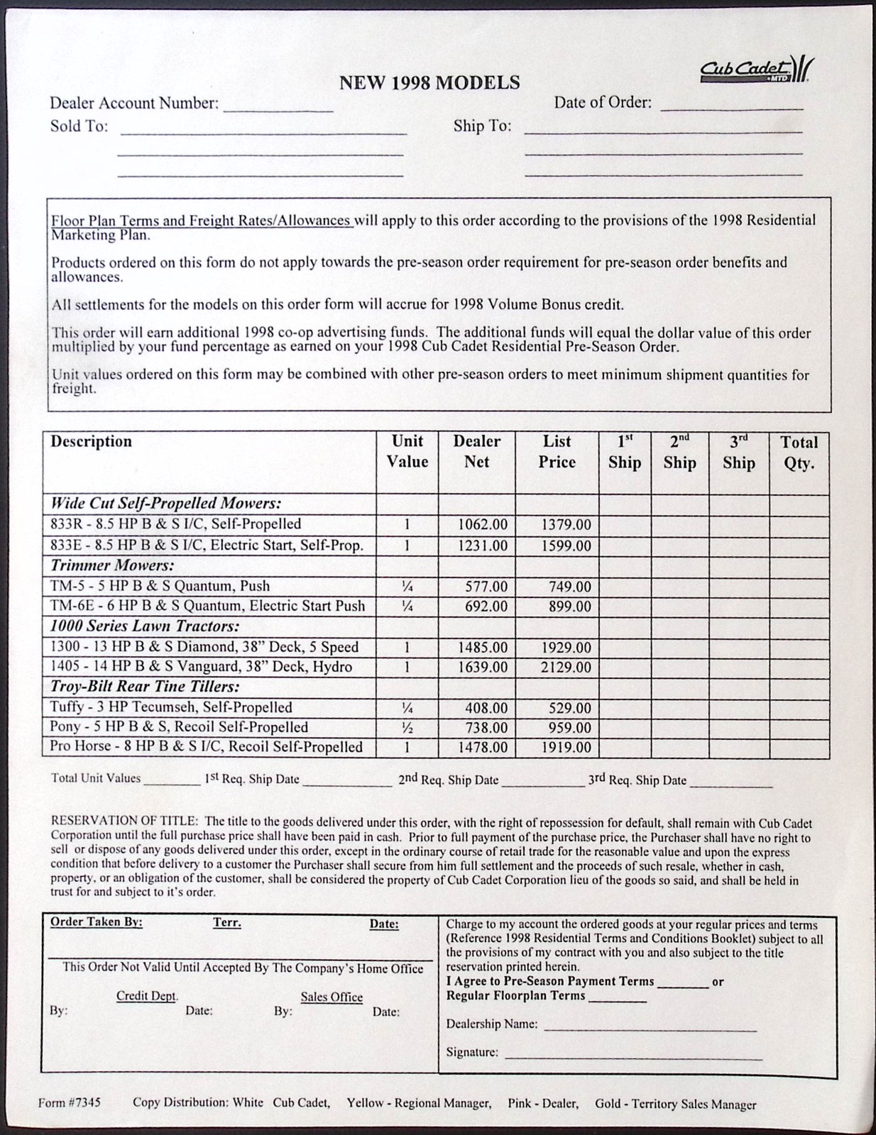 1999 Cub Cadet Dealer sales lot: Dealer Price List, The Big Event price list, Mo