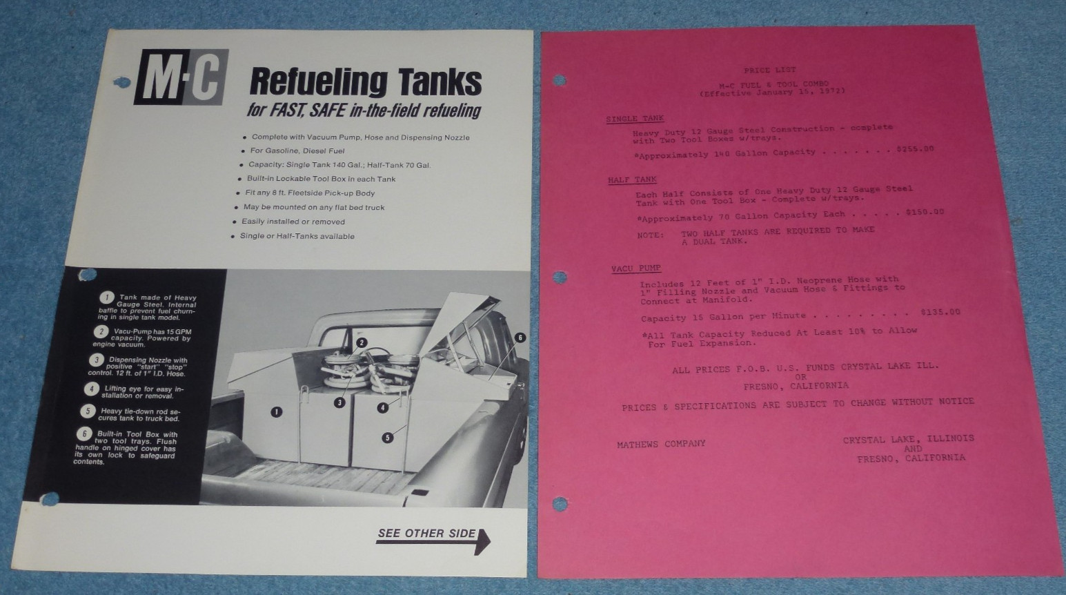 Vintage 1972 M-C Mathews Company Refueling System Tanks Brochure Price List