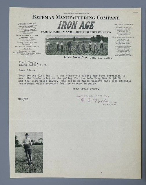 1920 BATEMAN Mfg IRON AGE Orchard Garden FARM Advertising Letter GRENLOCH NJ